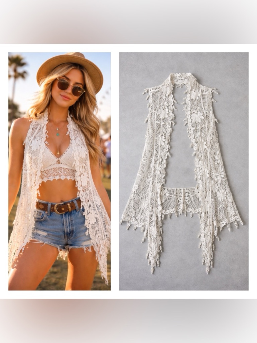 Womens Bohemian Crochet Lace Vest Medium Festival Coachella Fringe Open Cardigan